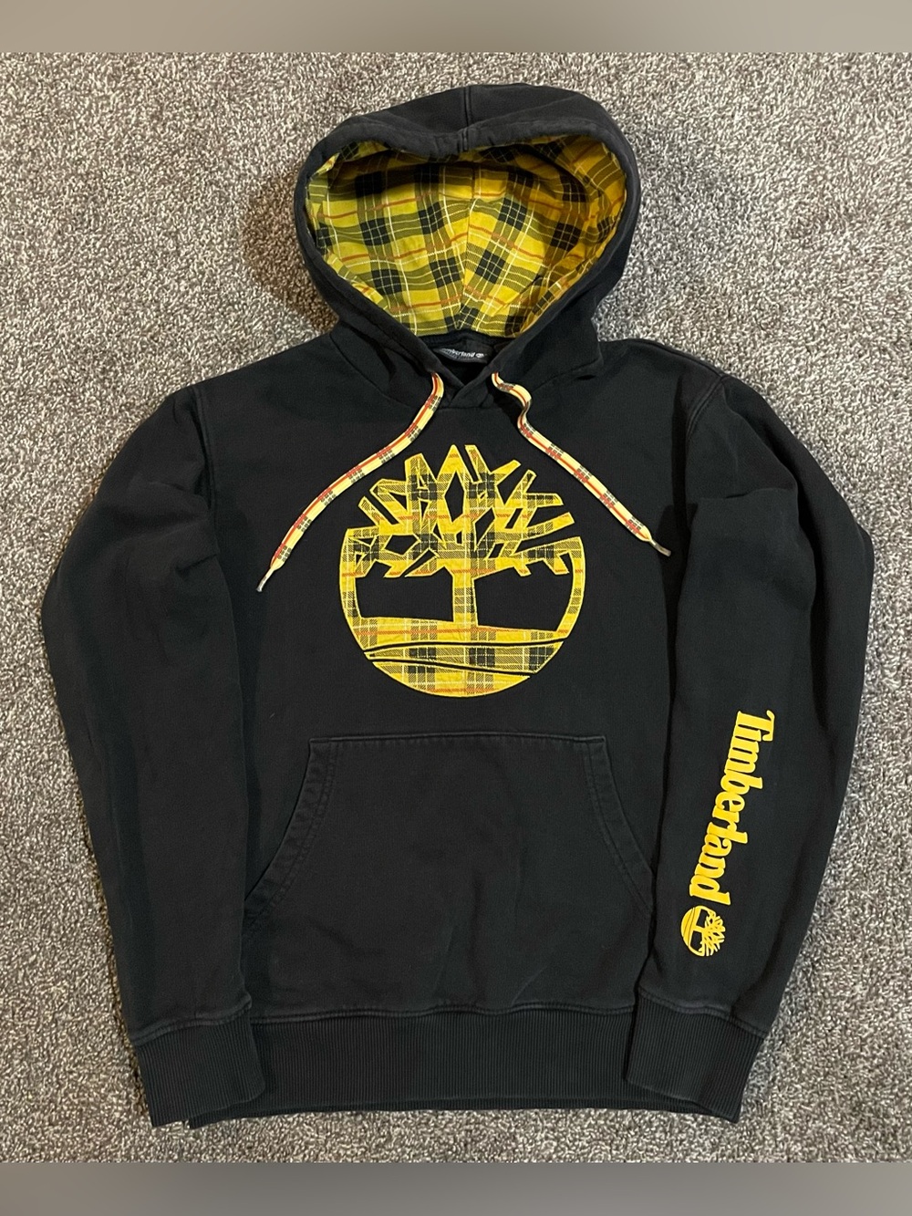 Timberland Black Hoodie with Yellow Plaid Logo and Lined Hood